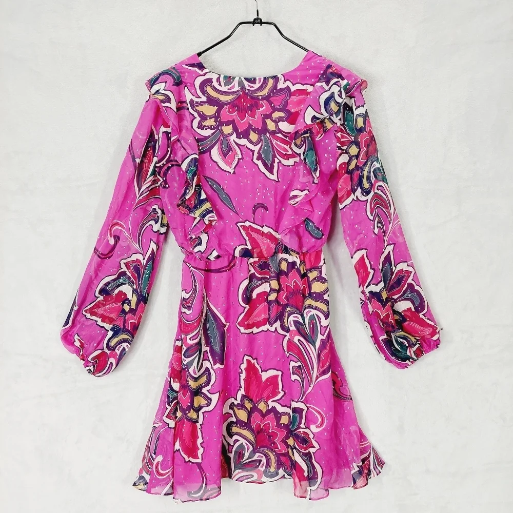 New Trina Turk Women's Pink Silk Ruffled Balloon Sleeve A Line Dress P2592